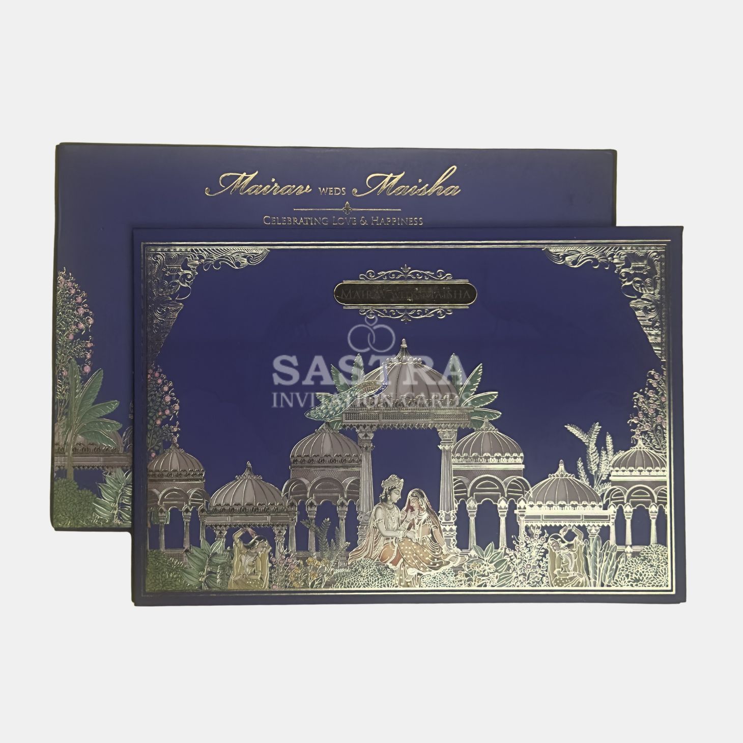 Blue Palace Theme Wedding Invitation Card with Gold Foil Finish