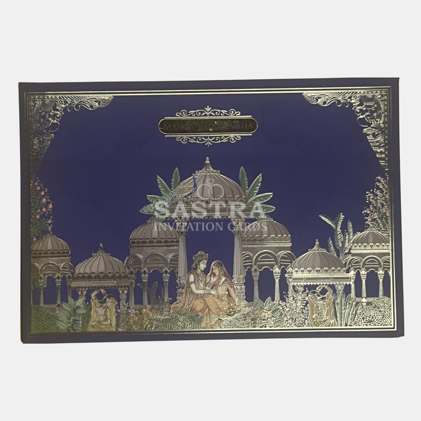 Blue Palace Theme Wedding Invitation Card with Gold Foil Finish