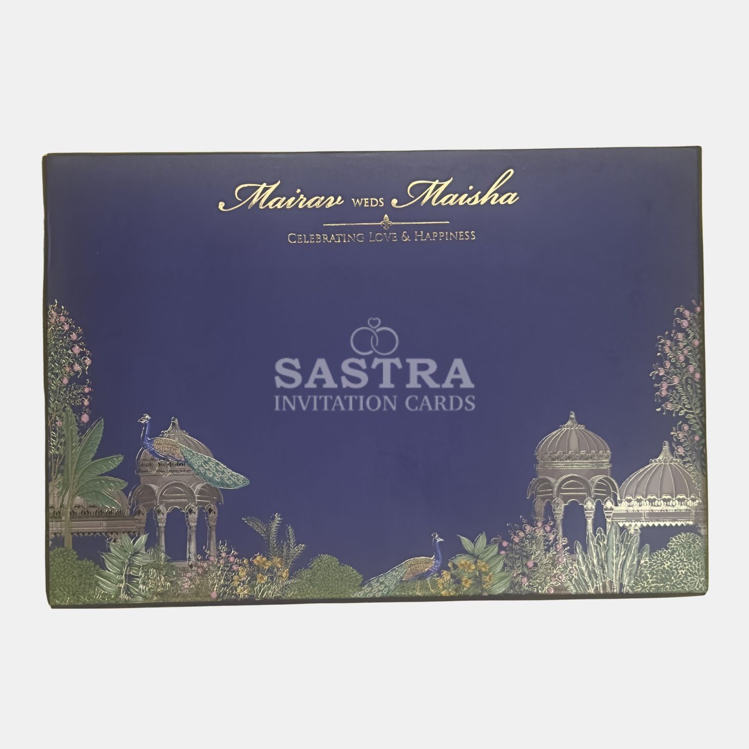 Blue Palace Theme Wedding Invitation Card with Gold Foil Finish