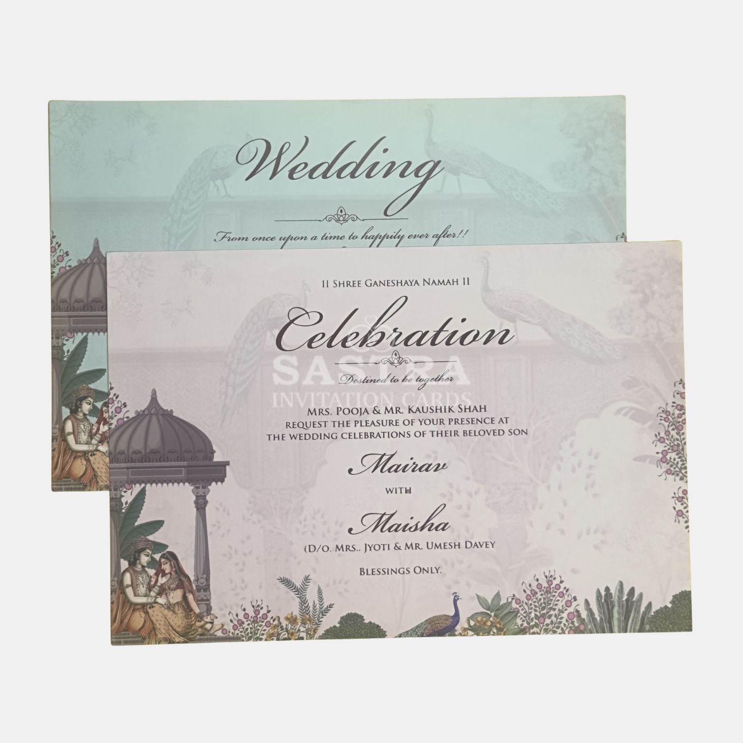 Blue Palace Theme Wedding Invitation Card with Gold Foil Finish