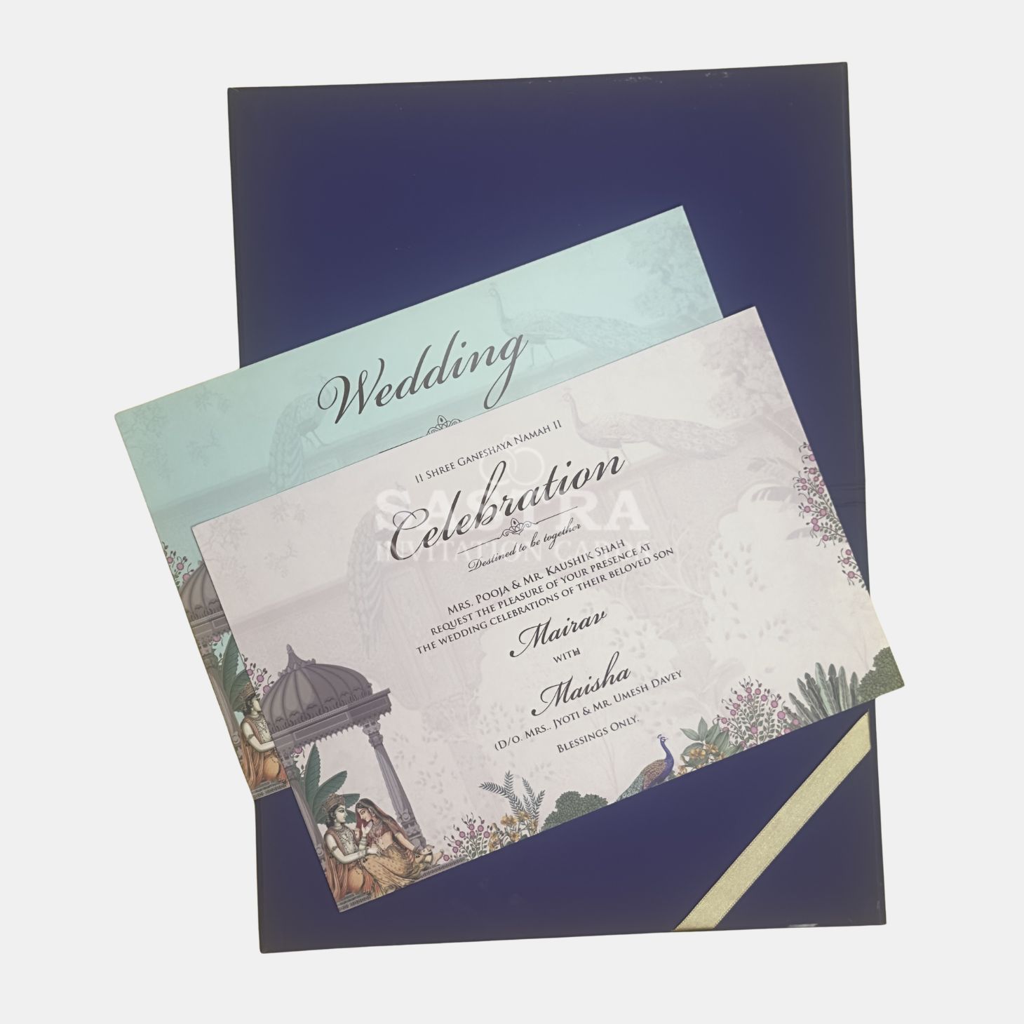Blue Palace Theme Wedding Invitation Card with Gold Foil Finish