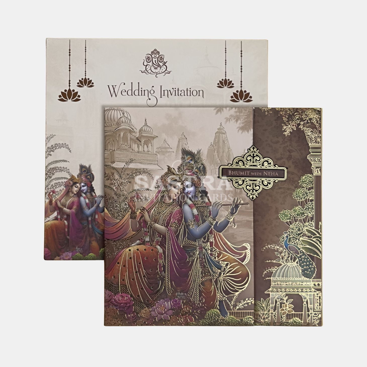 Brown Radha Krishna Gold Foil Wedding Invitation Card