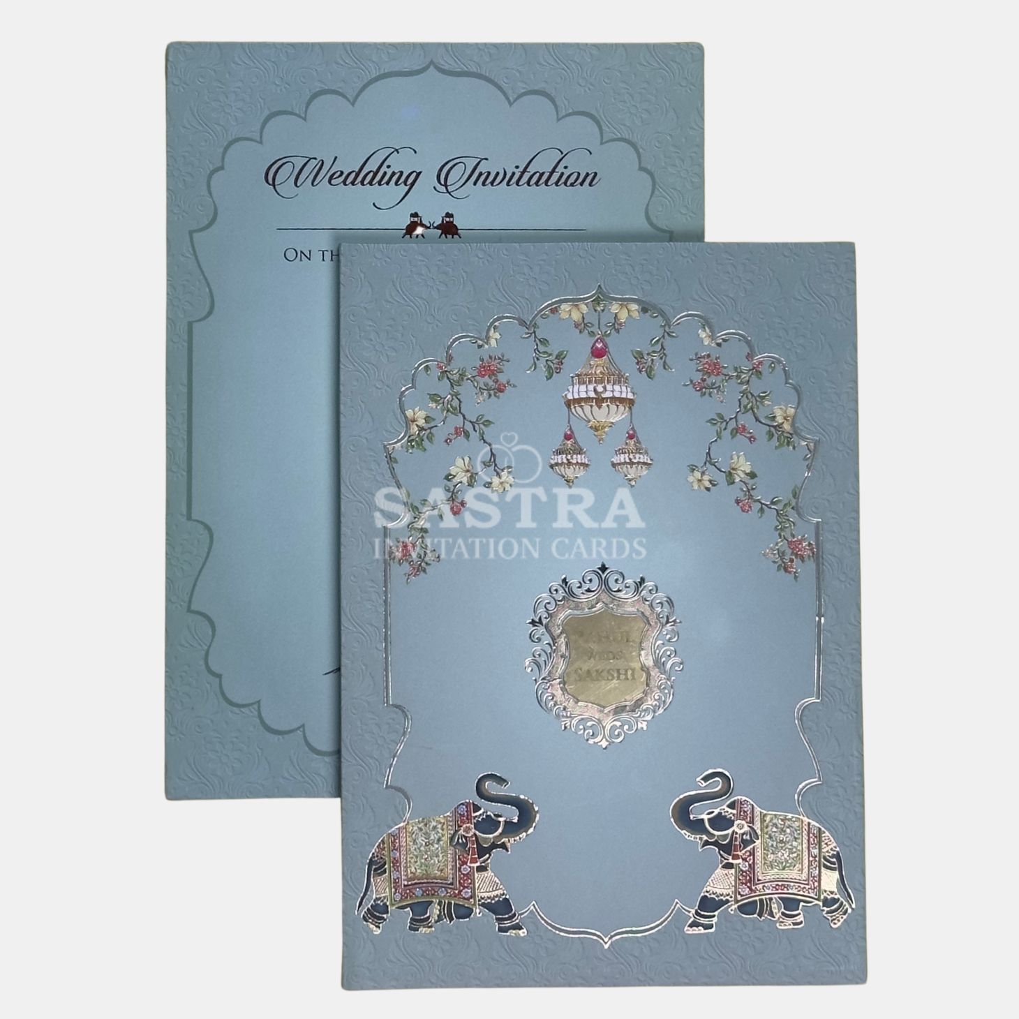 Elegant Floral & Elephant Blue Wedding Invitation