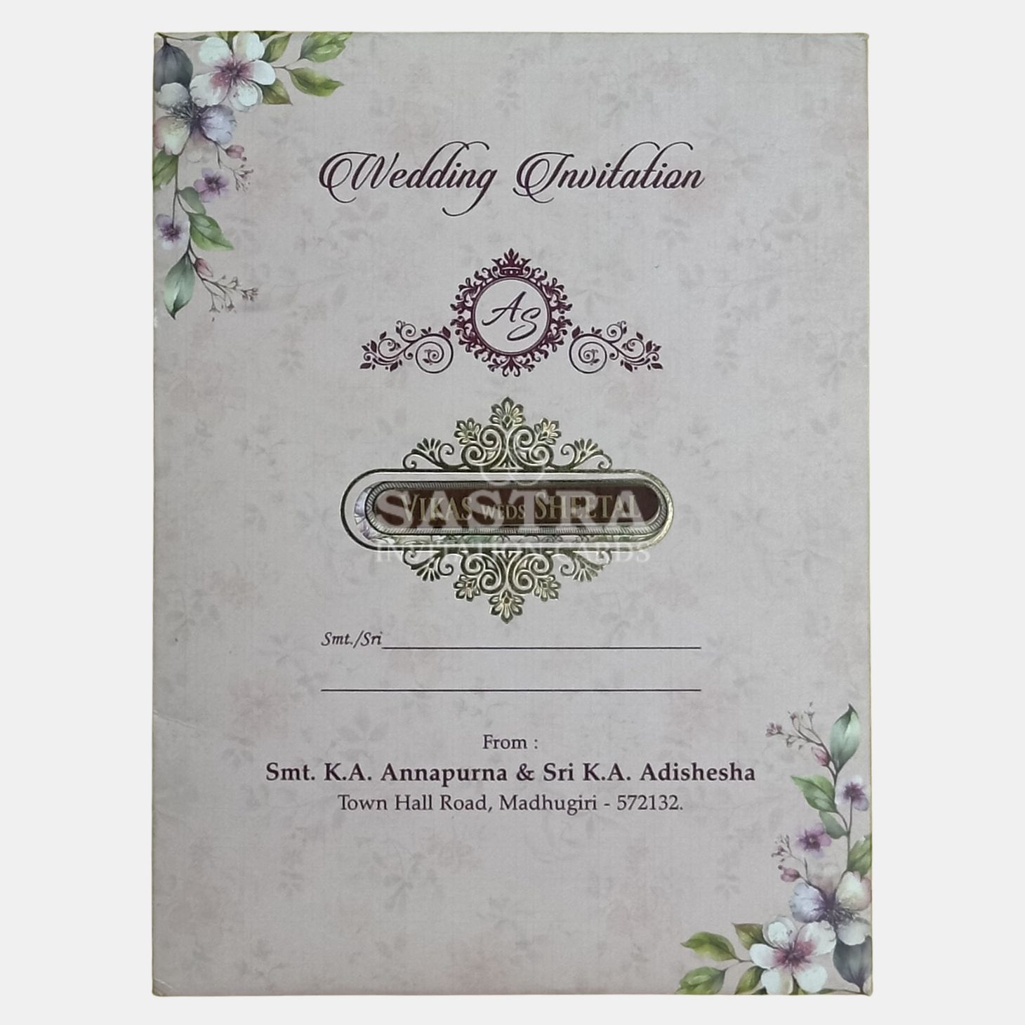 Elegant Floral Pastel Wedding Invitation Card with Foil Name Plate