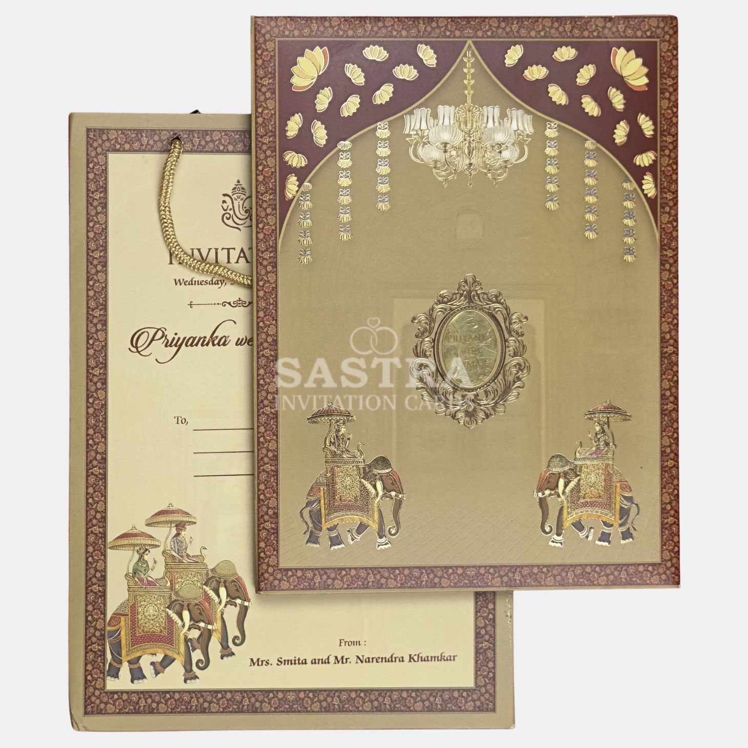 Maroon Gold Elephant Design Wedding Invitation Card