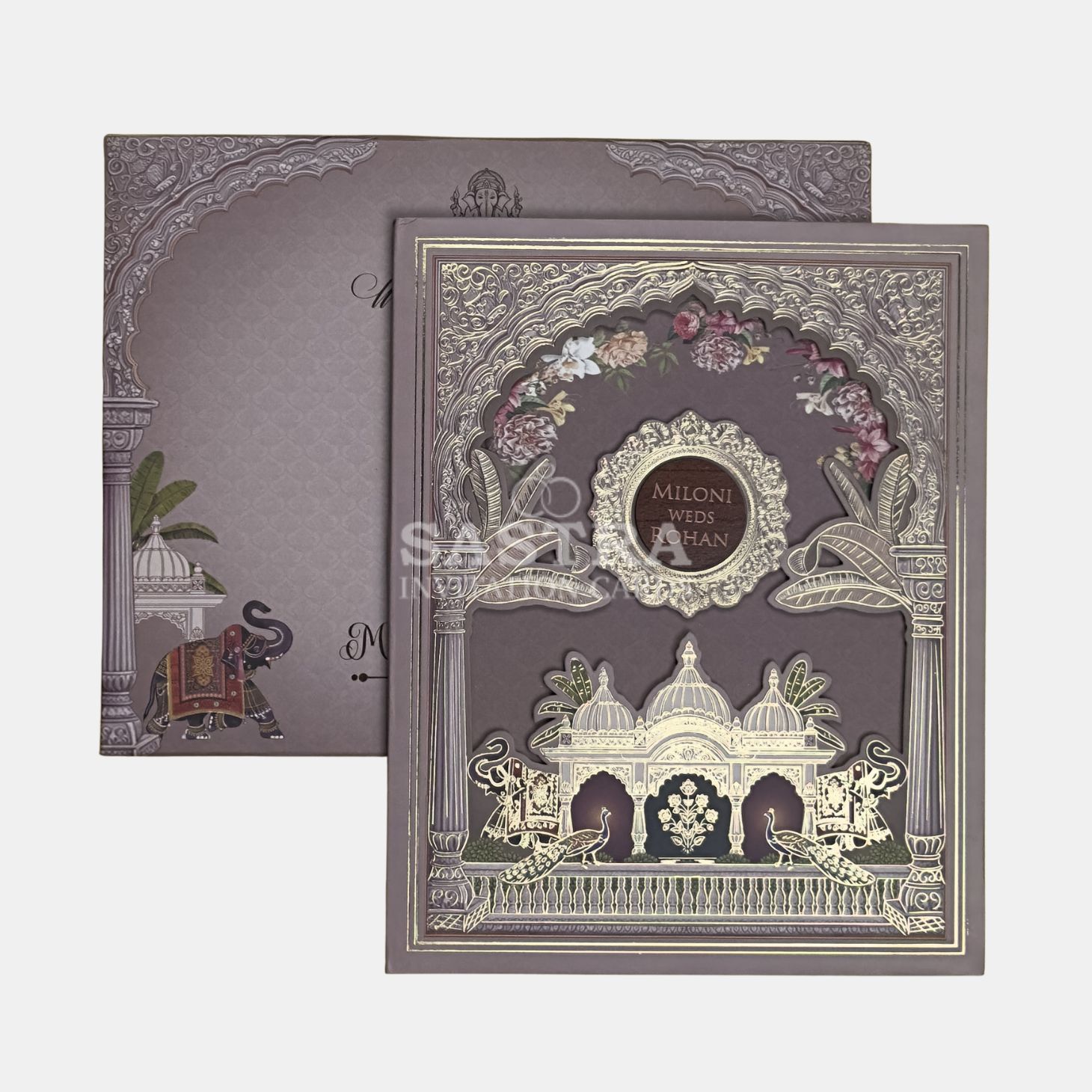 Mocha Brown Palace Wedding Invitation Card with Gold Foil