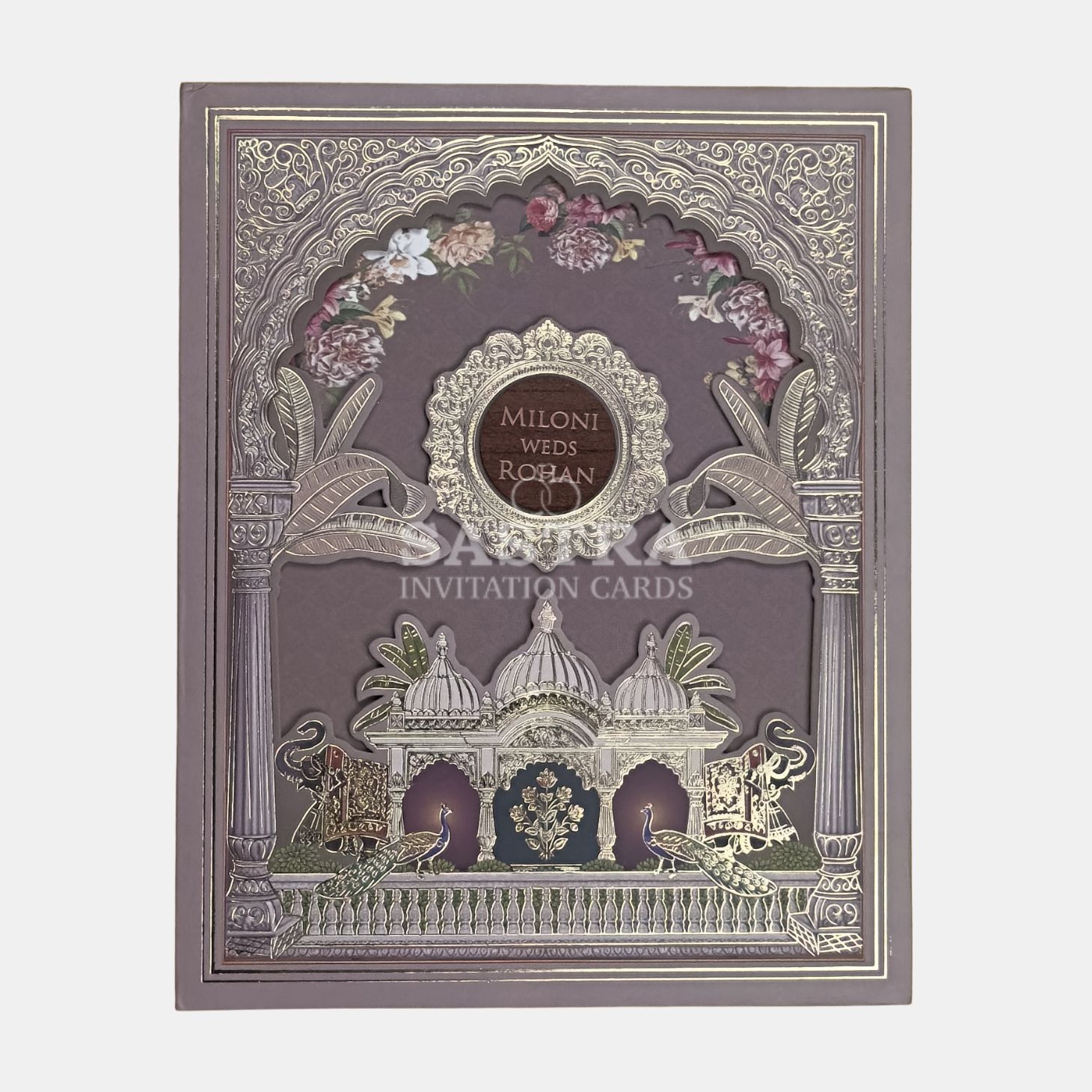 Mocha Brown Palace Wedding Invitation Card with Gold Foil