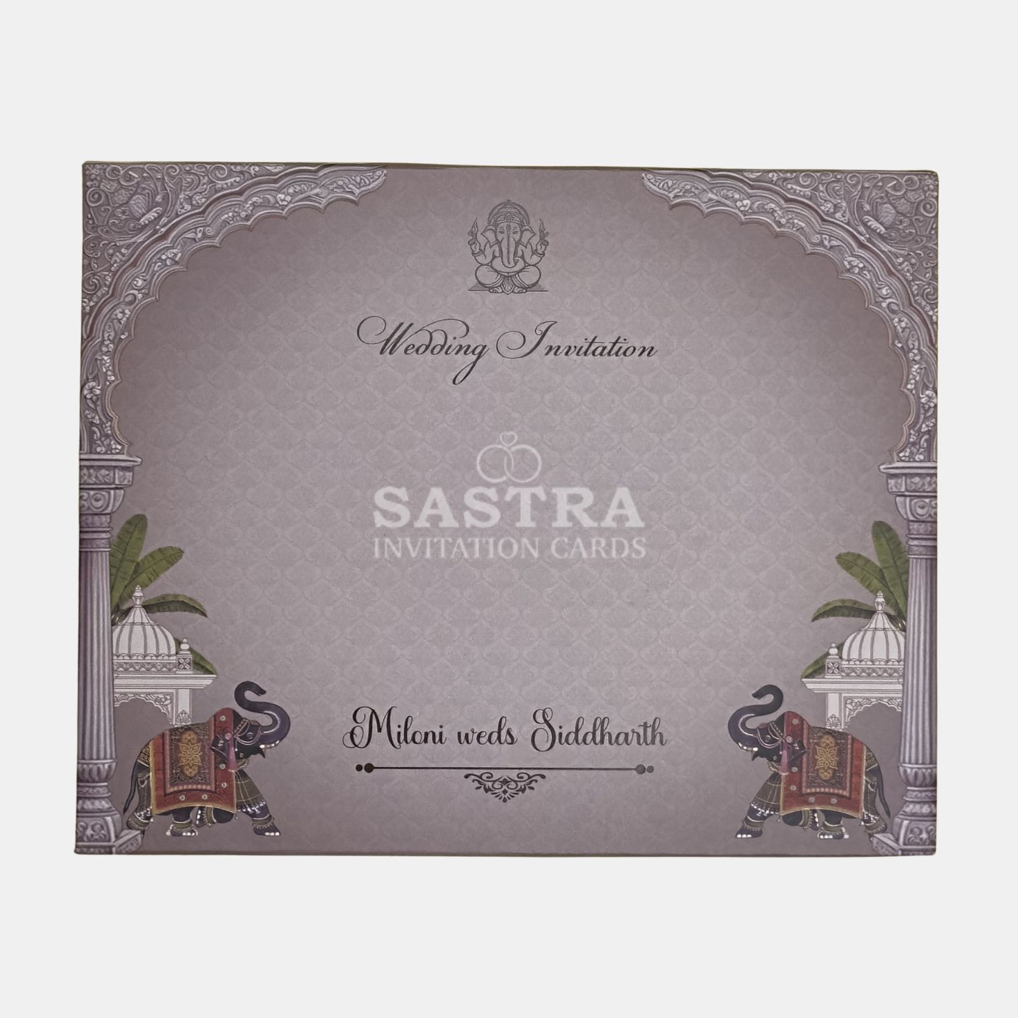 Mocha Brown Palace Wedding Invitation Card with Gold Foil