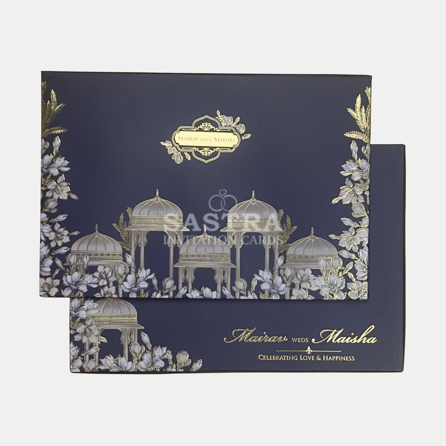 Navy Blue Floral Dome Luxury Wedding Invitation Card