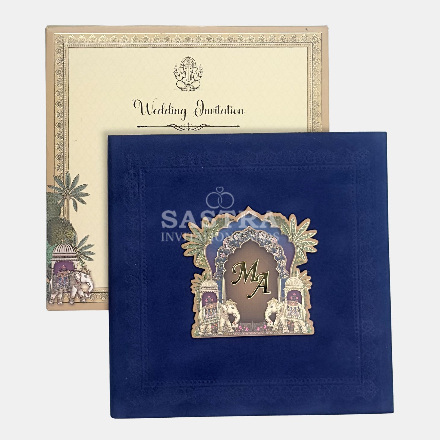Royal Blue Palace Theme Wedding Invitation Card with Elephant Motif
