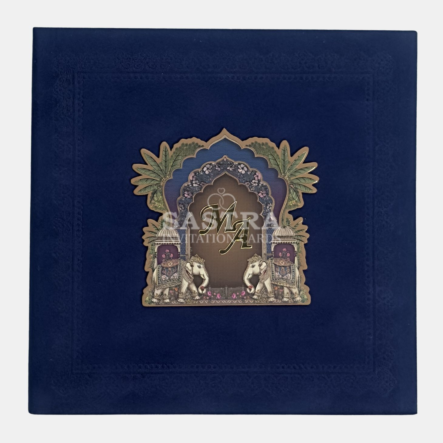Royal Blue Palace Theme Wedding Invitation Card with Elephant Motif