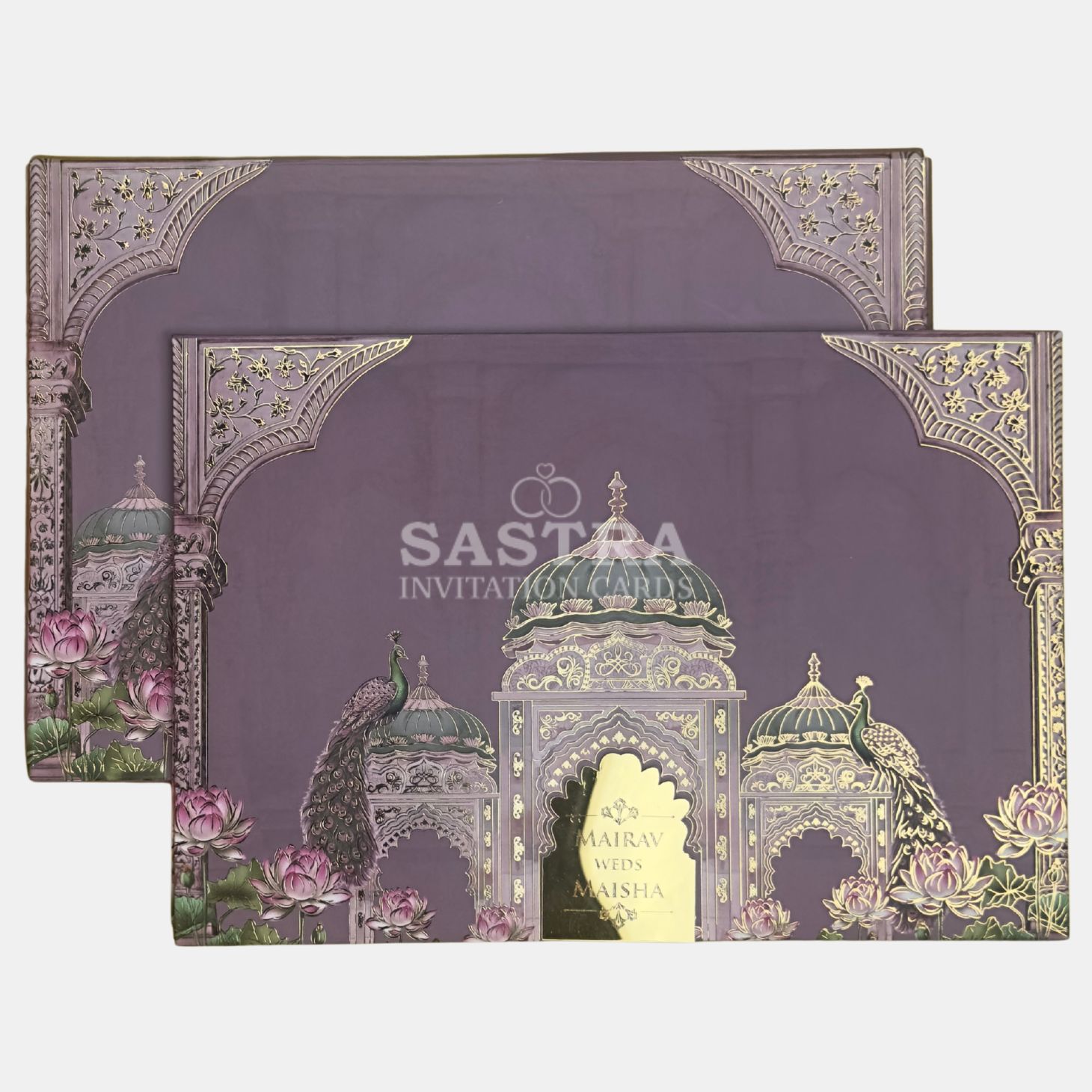 Royal Peacock Palace Wedding Invitation Card – Purple & Gold Foil