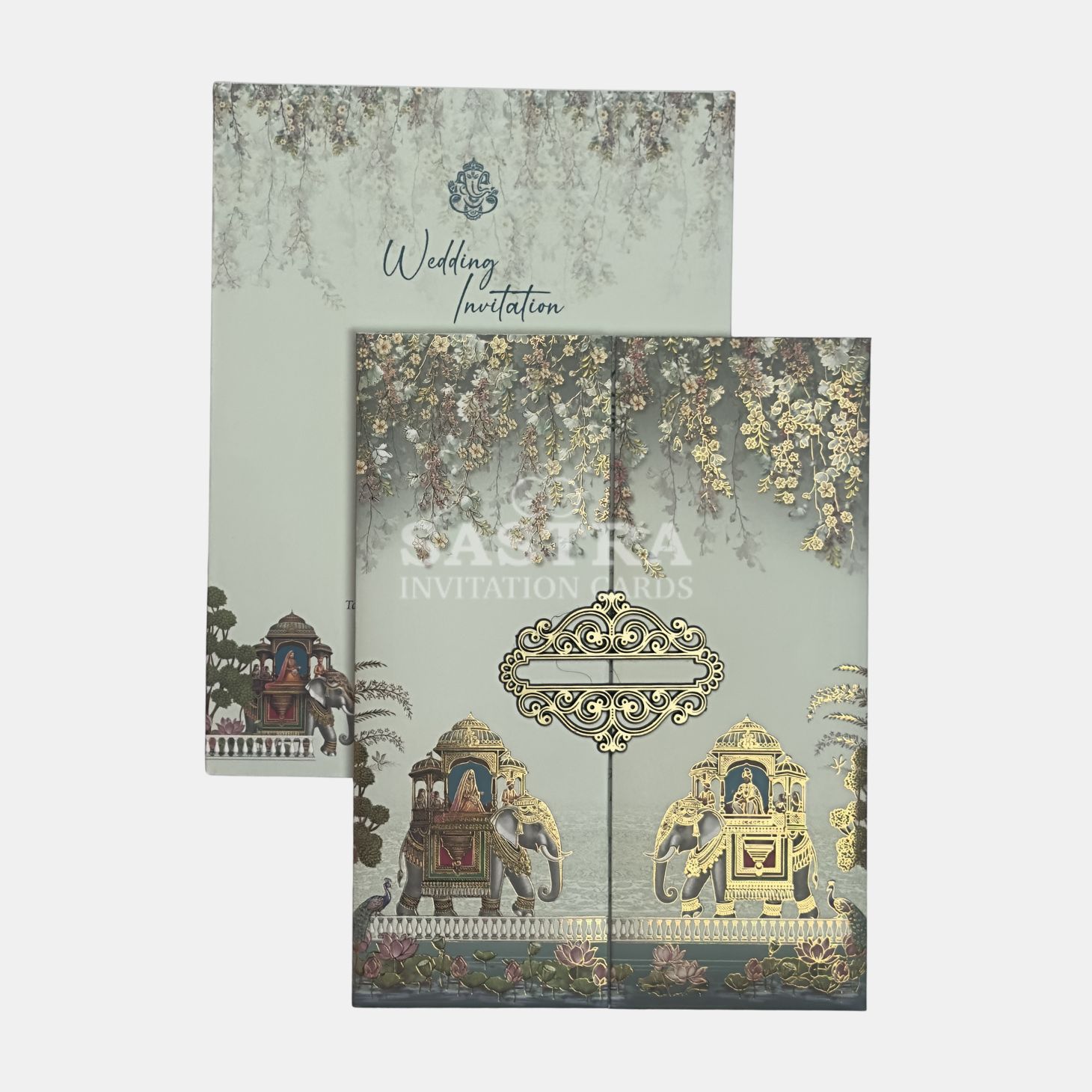 Sage Green Elephant Wedding Invitation Card with Gold Foil