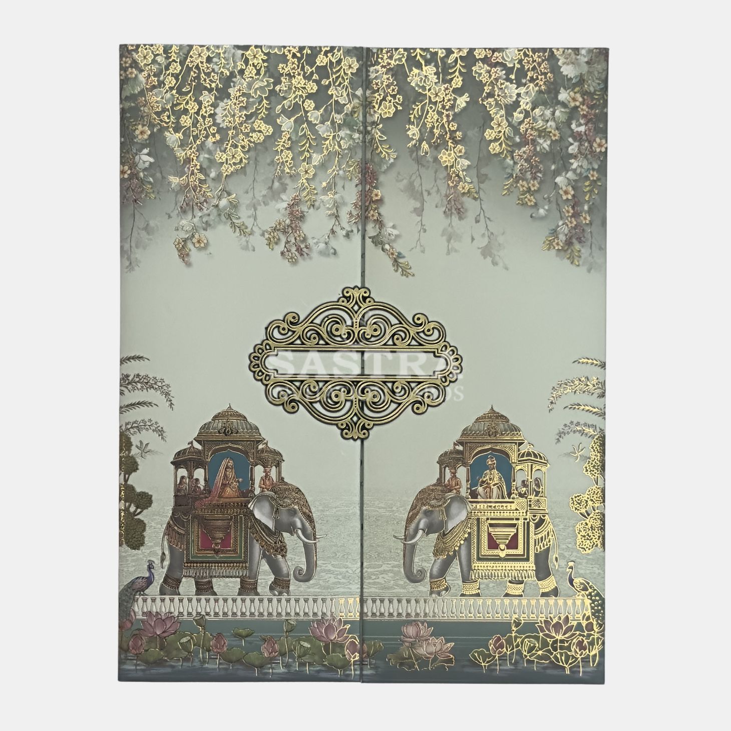 Sage Green Elephant Wedding Invitation Card with Gold Foil