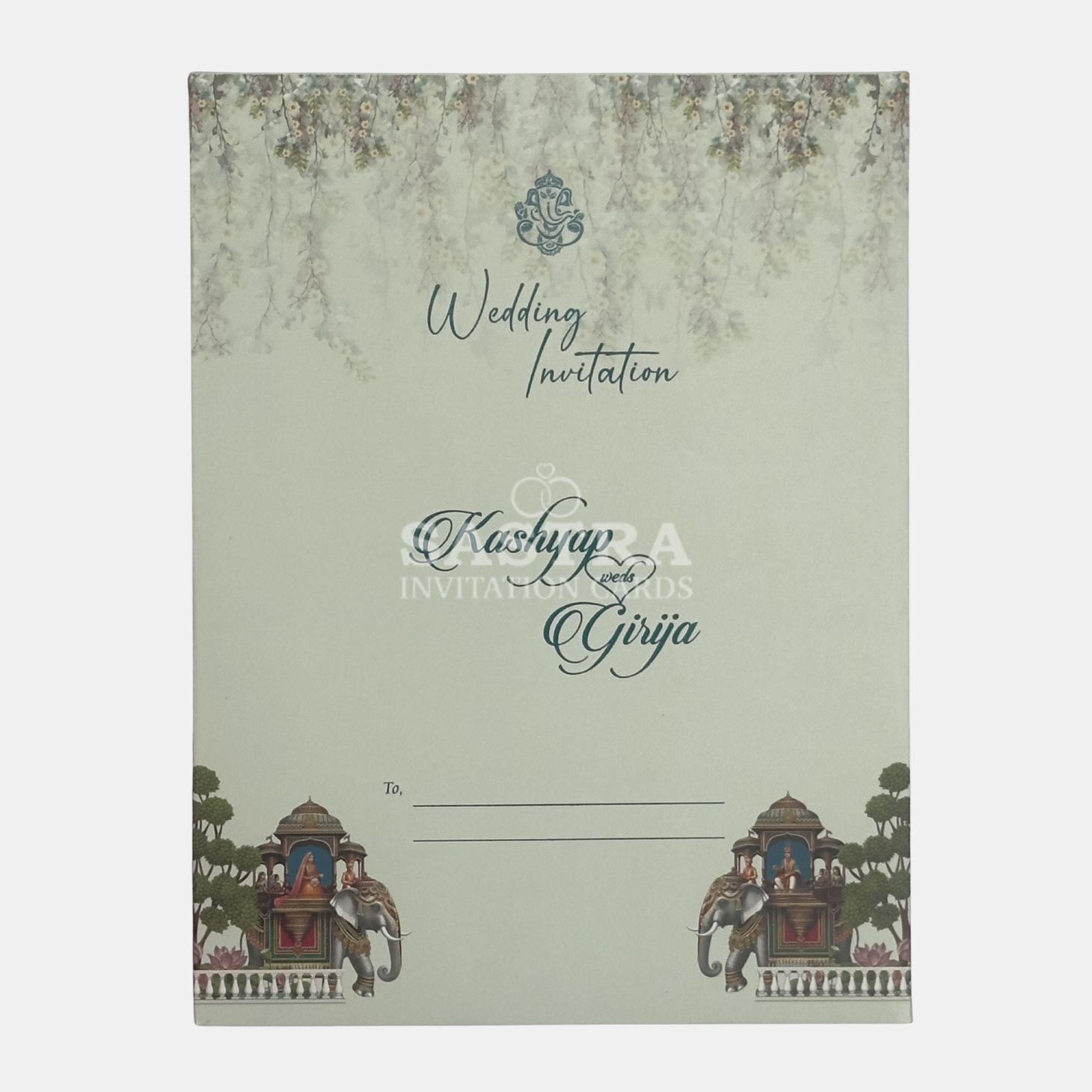 Sage Green Elephant Wedding Invitation Card with Gold Foil
